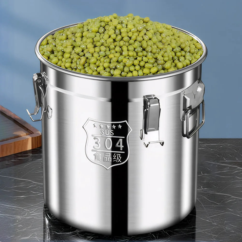 6/12/21/33L 304 Stainless Steel Airtight Canister with Locking Clamp for Rice Grain Oil Sugar Storage Bucket Kitchen Container