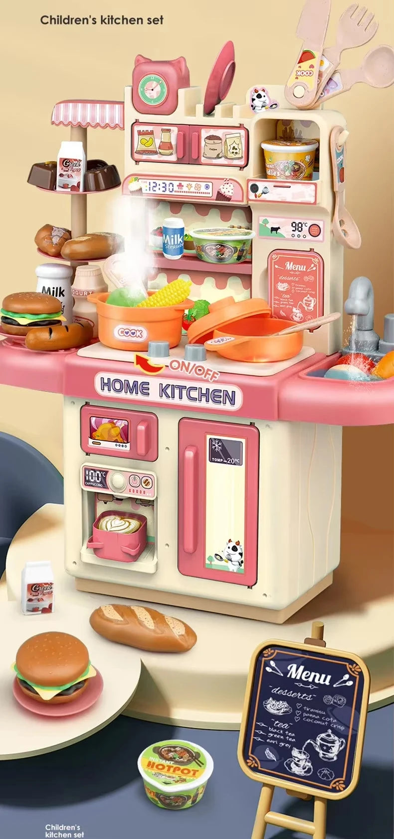 Kids Kitchen Play Set Water Spray Light Sound Electronic Stove Simulated Cooking Dining Table House Play Toy Gifts for Girls Boy