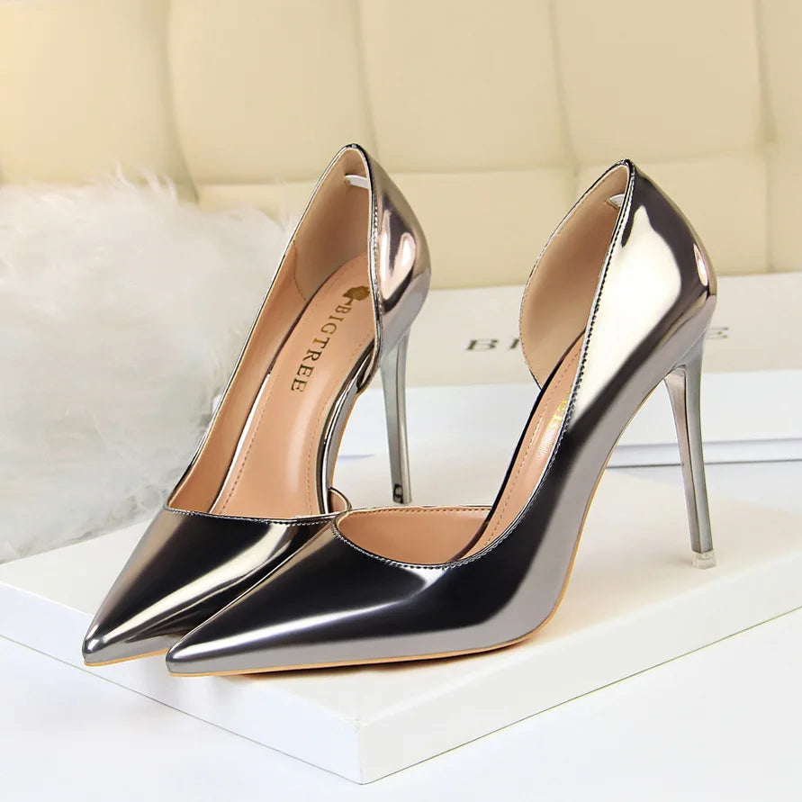 Women 10.5cm High Heels Pumps Lady Stripper Stiletto Metallic Leather Scarpins Wedding Heels Catwalk Party Silver Gold Shoes
