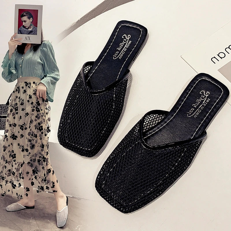 Summer Women Slippers Sexy Mesh Mules Indoor Home Slides Square Toe Female Flats Shoes Outdoor Clogs Beach Sandals Flip Flops 43