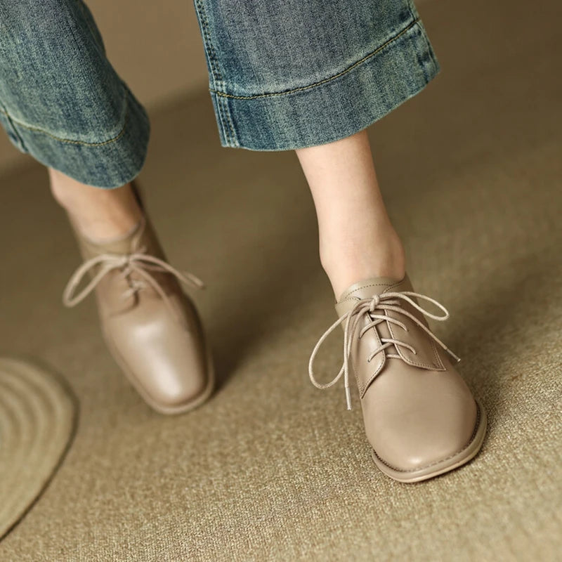 NEW Spring/Autumn Women Loafers Square Toe High heels Split Leather Chunky Heel Pumps Women Plus Size Retro Lace Up Black Shoes