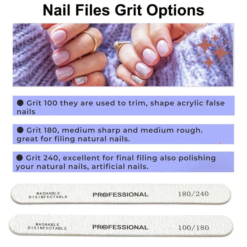 20pcs Nail Files UV Gel Nail Polish Lime a Ongle Professional Washable Nails Files Sandpaper Manicure Pedicure Art DIY Tool 