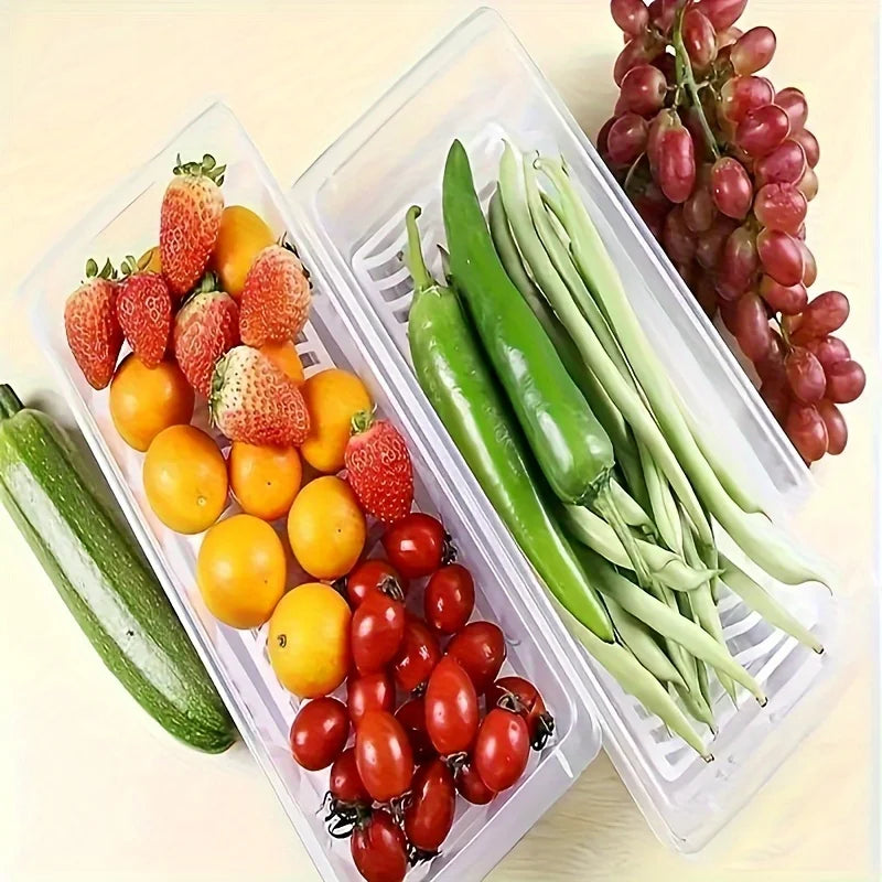 2pcs Airtight Stackable Food Storage Containers Set with Lids & Detachable Drain Tray - Reusable Refrigerator Organizer Boxes