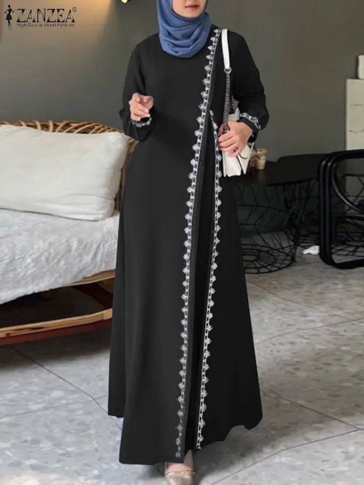 ZANZEA Autumn Women Long Sleeve O Neck Muslim Maxi Dress Kaftan Elegant Lace Crochet Loose Turkey Abaya Vestidos Islamic Dresses