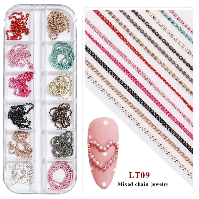 Misscheering 12 Grid Mixed Style Nail Chain Jewelry For DIY Art Decoration Fashion Metal Nails Accessories For Manicure Design