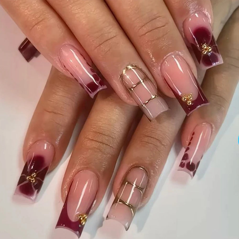 24Pcs Retro Flower Long Coffin French Fake Nails Caviar Bead Floral Gold Hollow Design Press On Nail Tips Y2k Acrylic 2030