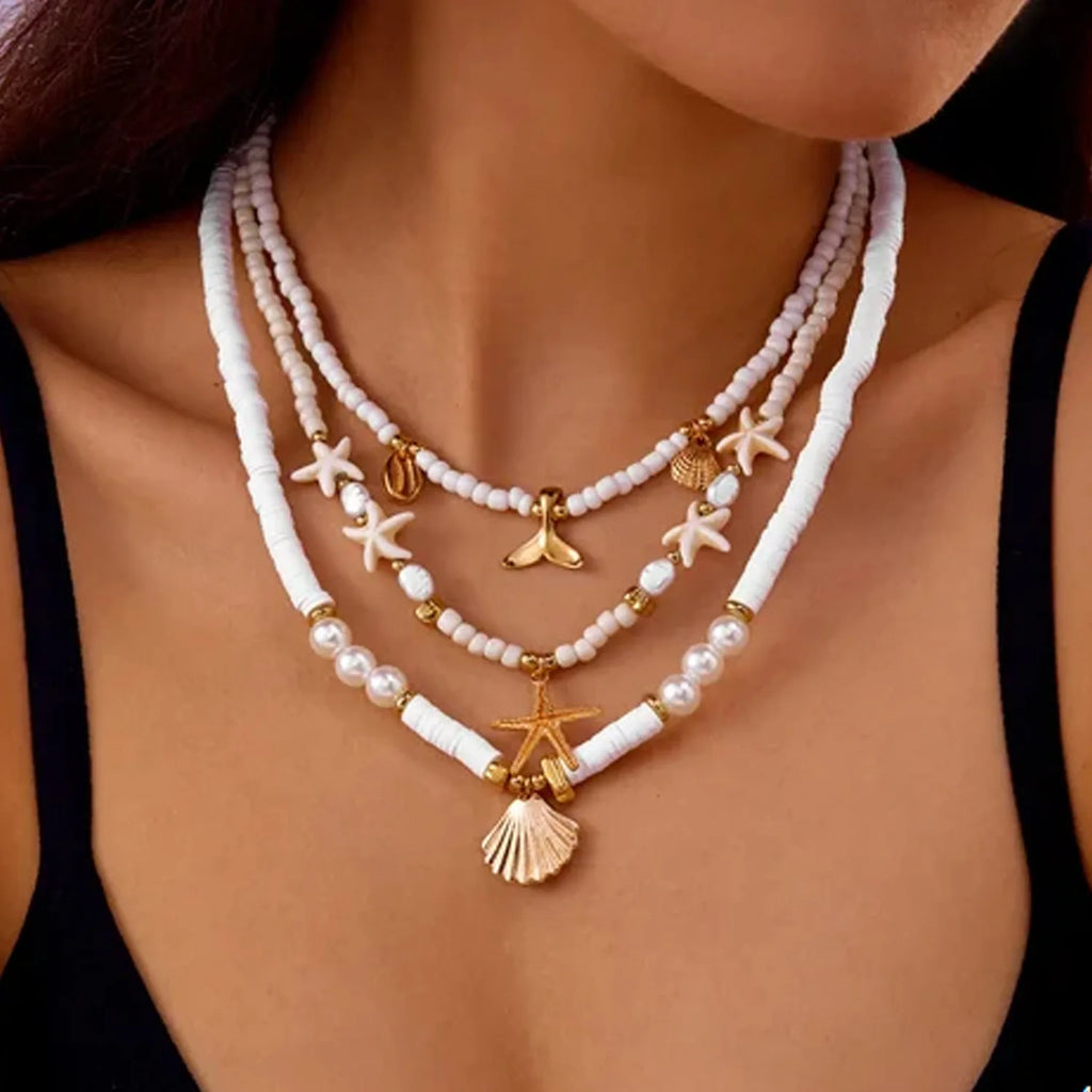 Bohemian Handmade Bead Stacked Choker Delicate Starfish Shell Pendant Necklace Women's Summer Beach Party Vacation Jewelry