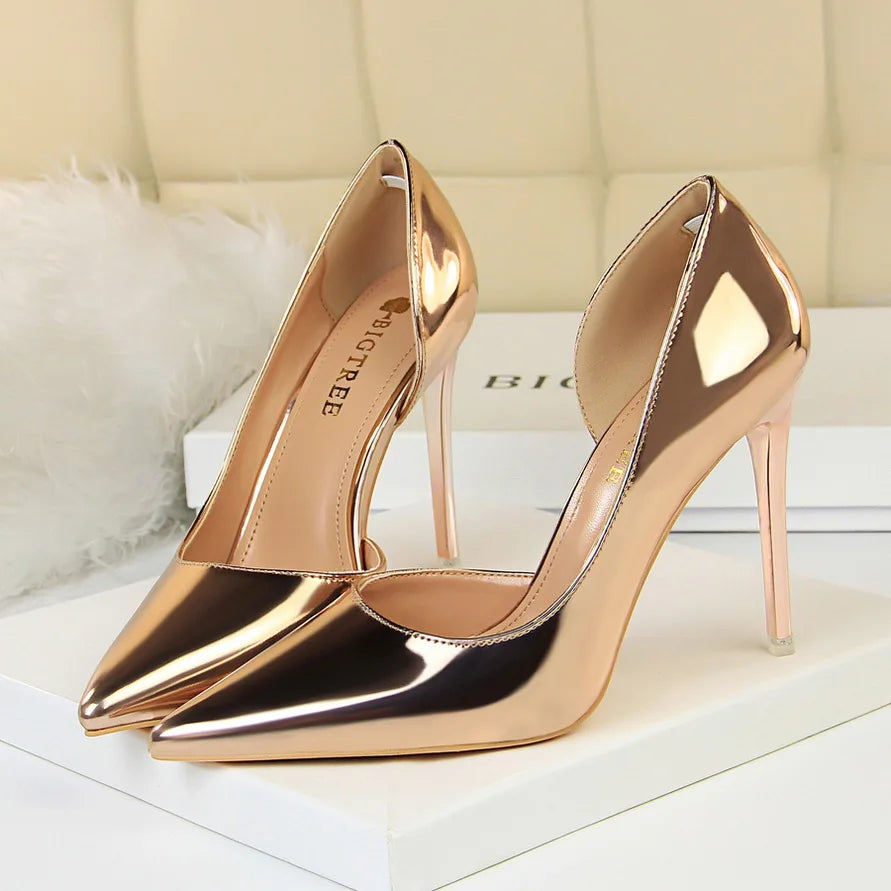Women 10.5cm High Heels Pumps Lady Stripper Stiletto Metallic Leather Scarpins Wedding Heels Catwalk Party Silver Gold Shoes