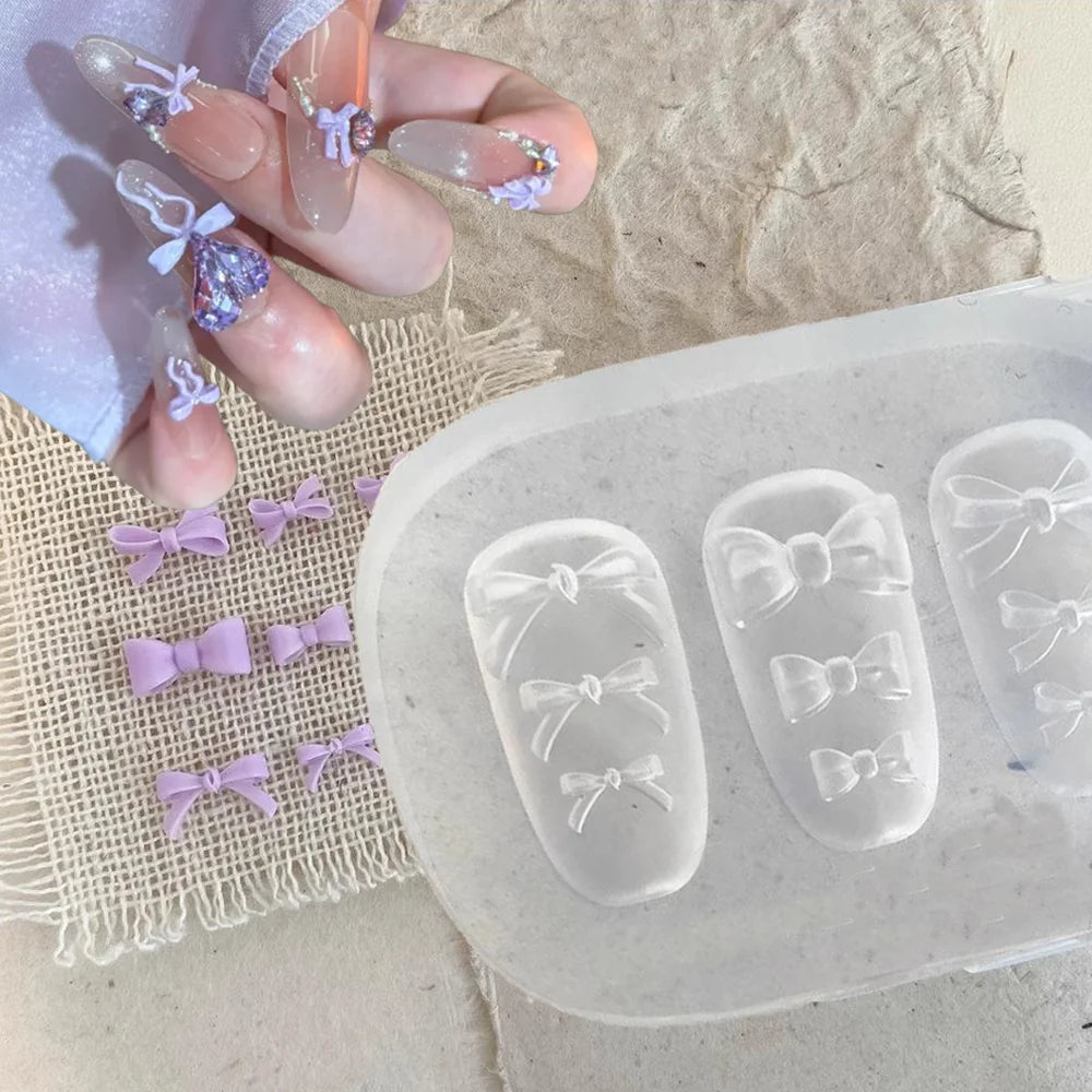 1Pcs 3D Bowknot Silicone Nail Mold Ballet Ribbon Tie Nail Charms Transparent Nails Template Carving Bowtie Manicure Stencil Tool