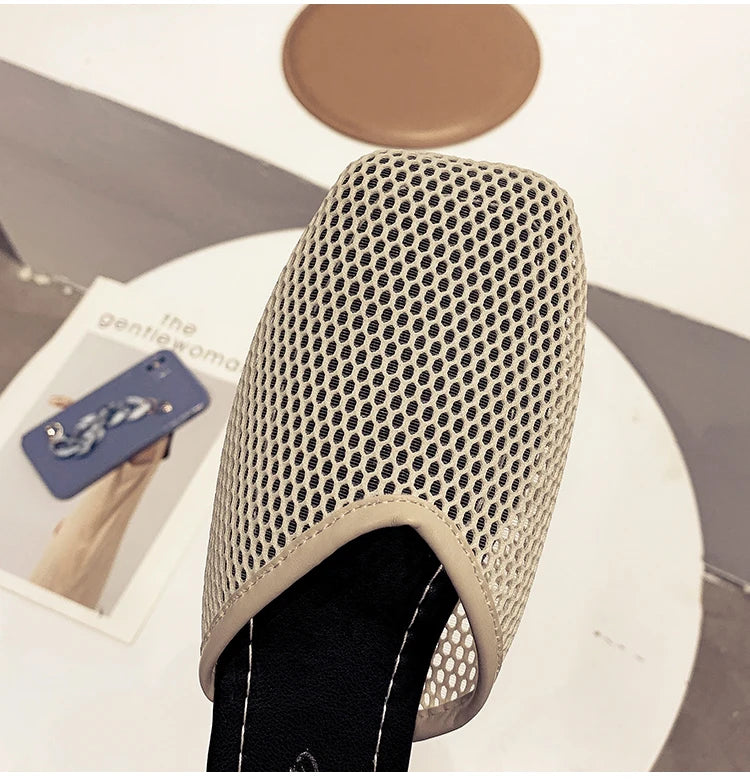 Summer Women Slippers Sexy Mesh Mules Indoor Home Slides Square Toe Female Flats Shoes Outdoor Clogs Beach Sandals Flip Flops 43