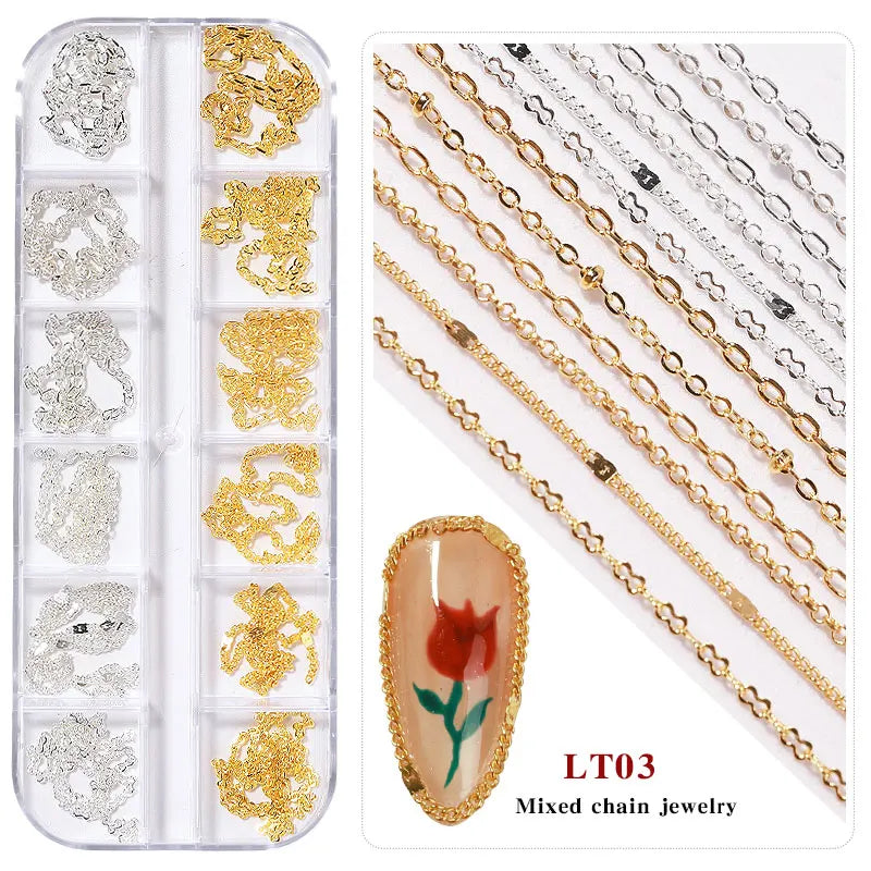 Misscheering 12 Grid Mixed Style Nail Chain Jewelry For DIY Art Decoration Fashion Metal Nails Accessories For Manicure Design