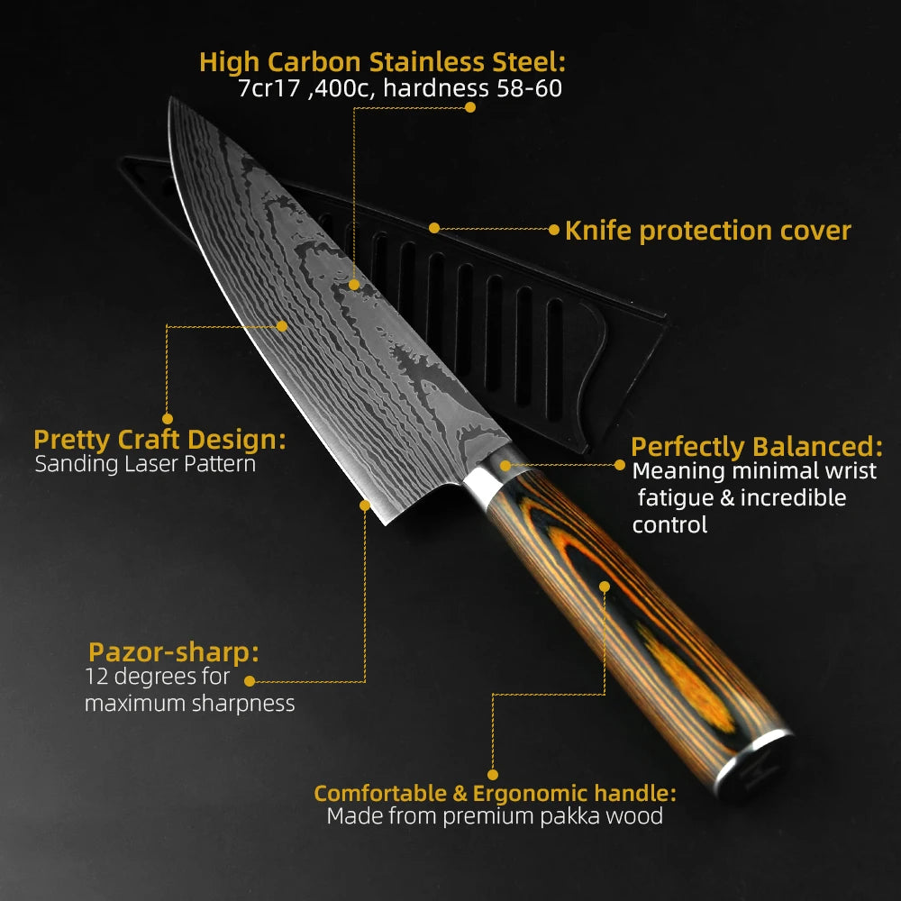 Kitchen Knife Chef Knives Japanese 7CR17 440C High Carbon Stainless Steel Imitation Damascus Sanding Laser Knife