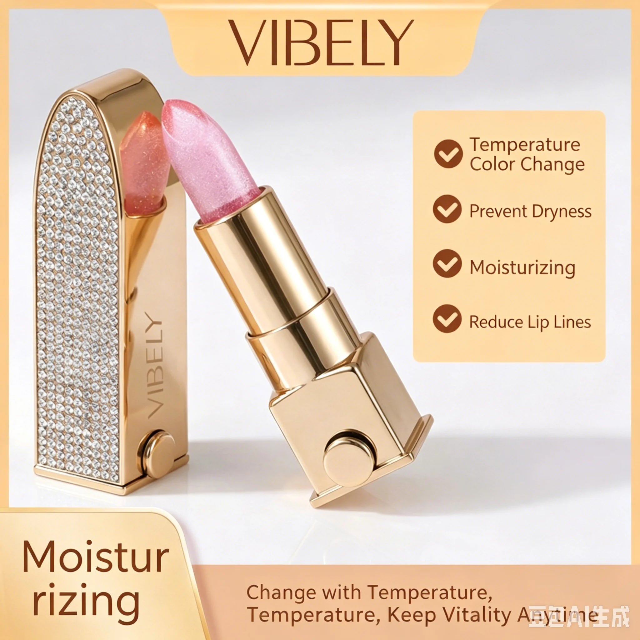 VIBELY Color Changing Lipstick with Shimmer Glitter, Nourishing Hydrating Lip Balm, Moisturizing Lip Care for Dry Lips, Daily Us