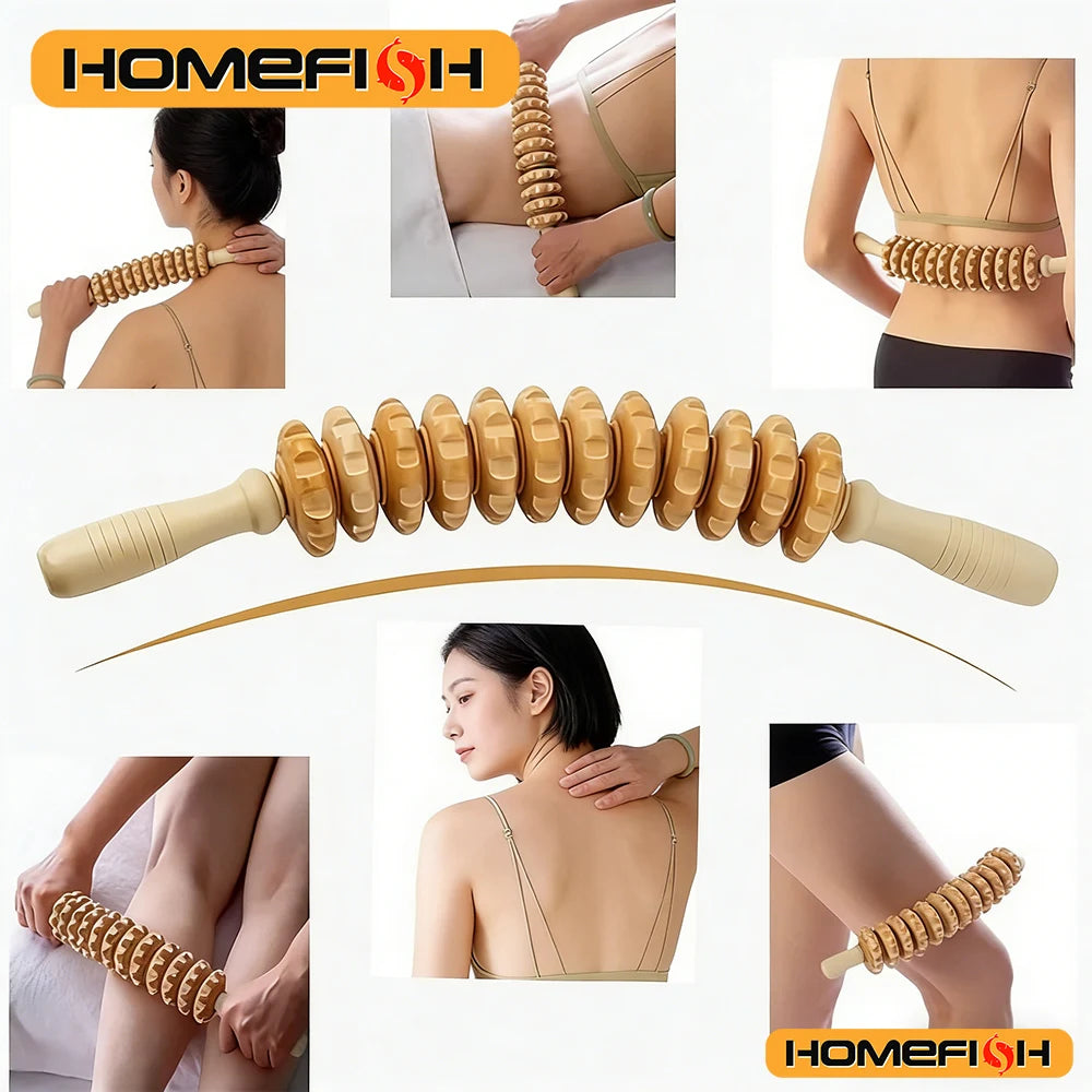 Anti-Slip Handle Wooden Gear Arm, Leg/Hip/Back Deep Massage Roller