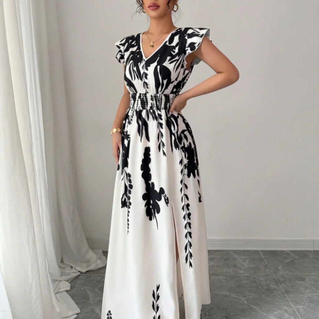 Plus Size Black White Floral Print Maxi Dress Women V-Neck Ruffle Sleeve Smocked Waist Slit Dress