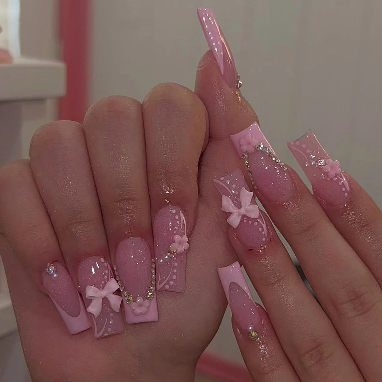 24PCS- Long coffin shaped fake nails, pink three-dimensional butterfly, pink flower decoration, suitable for dating, dinner