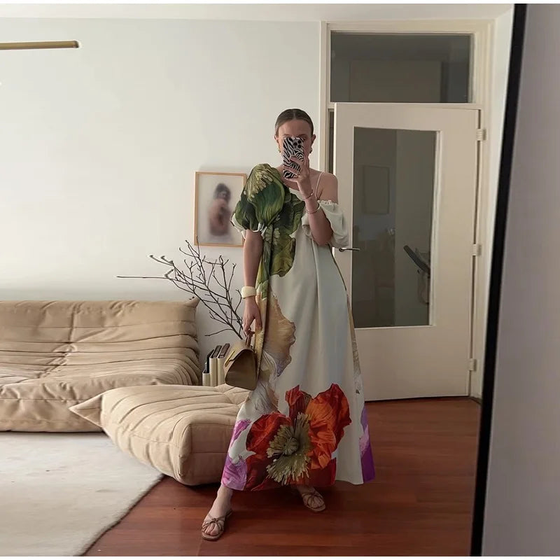 Elegant Pleated Backless Split Long Dress Women Sleeveless High Waist Green 2025 Summer New Holiday Party Dresses Street Robe