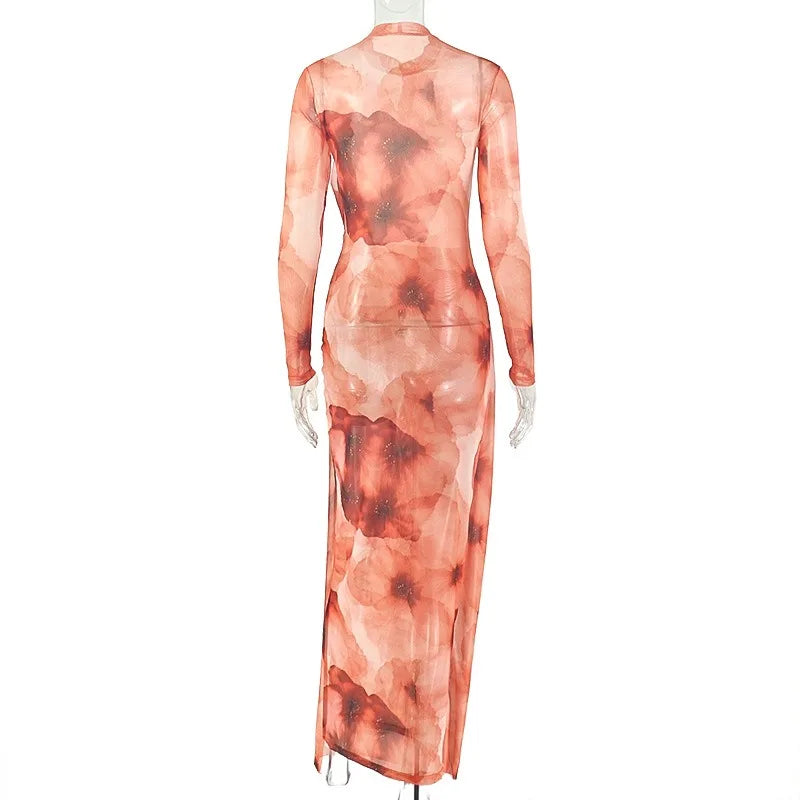 Women's Retro Print O-Neck Long Sleeve Pleated Hips Wrapped Long Dress