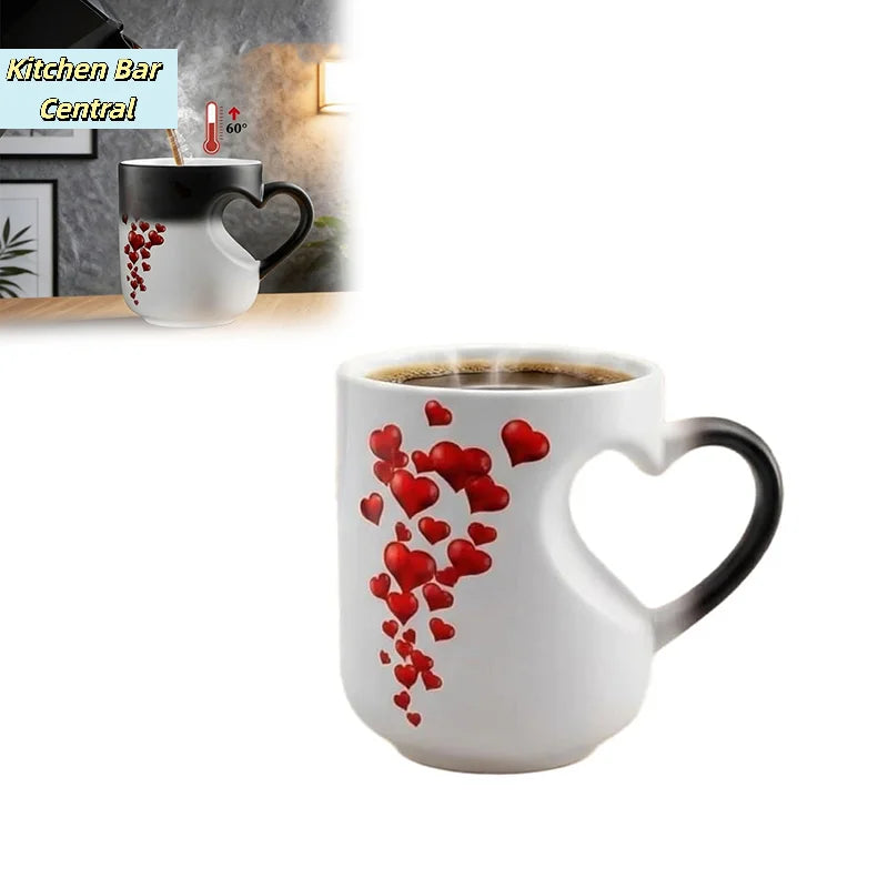 【Heart-Shaped Color Changing Magic Ceramic Mug Funny Color Changing Coffee Cup With Handle That Reveals Surprise Design】
