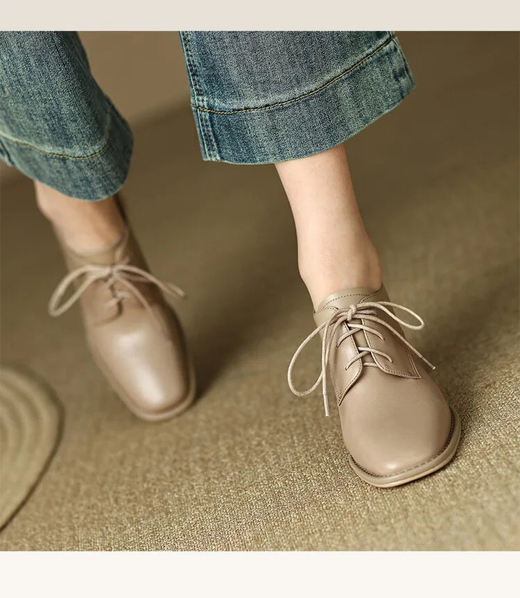 NEW Spring/Autumn Women Loafers Square Toe High heels Split Leather Chunky Heel Pumps Women Plus Size Retro Lace Up Black Shoes