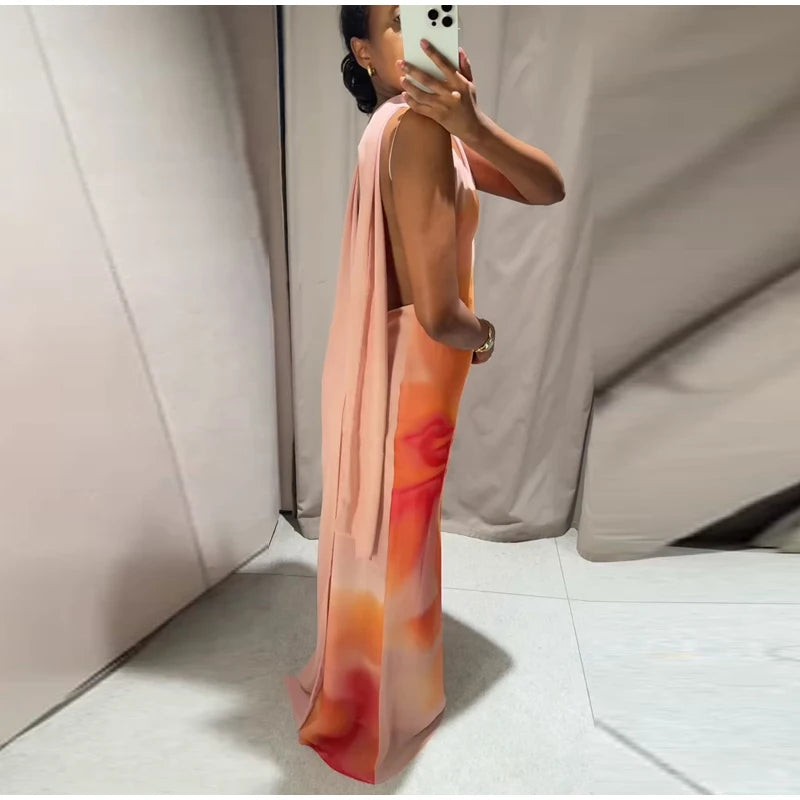 Elegant Tie Dye Printed Long Dress Women Ribbon V-neck Sleeveless Slim Sling Dresses 2025 Summer Lady Chic Beach Vacation Robes