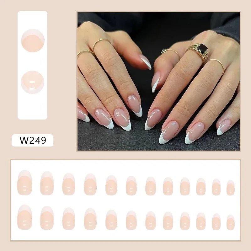 New Short Ballet 24 Pcs Fake Nail with Jelly sticker Press on False Nails Wearable Round Head Oval Full Cover Nail Tips
