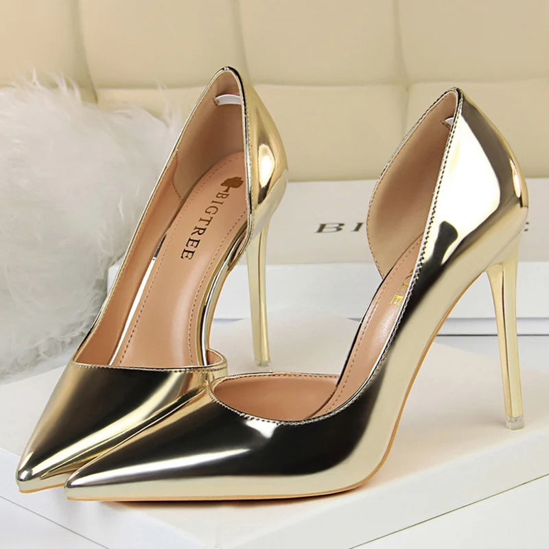 Women 10.5cm High Heels Pumps Lady Stripper Stiletto Metallic Leather Scarpins Wedding Heels Catwalk Party Silver Gold Shoes