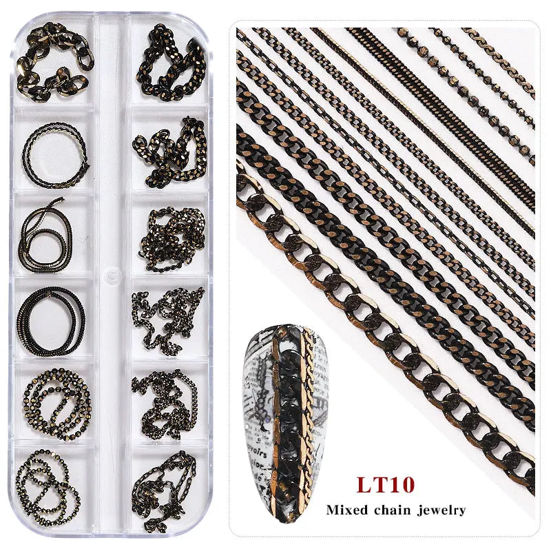Misscheering 12 Grid Mixed Style Nail Chain Jewelry For DIY Art Decoration Fashion Metal Nails Accessories For Manicure Design
