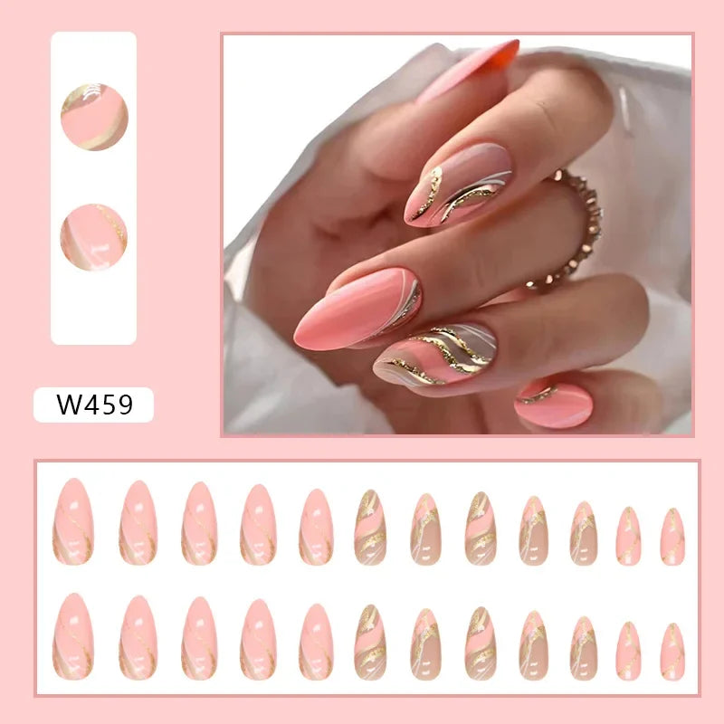 New Short Ballet 24 Pcs Fake Nail with Jelly sticker Press on False Nails Wearable Round Head Oval Full Cover Nail Tips