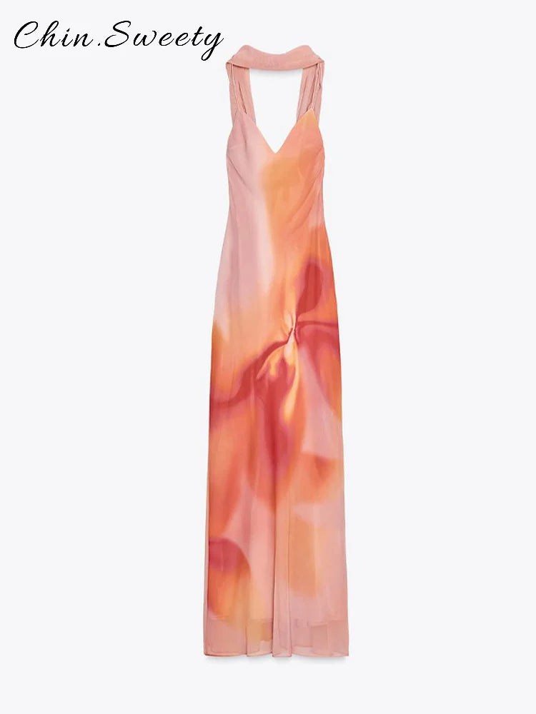 Elegant Tie Dye Printed Long Dress Women Ribbon V-neck Sleeveless Slim Sling Dresses 2025 Summer Lady Chic Beach Vacation Robes