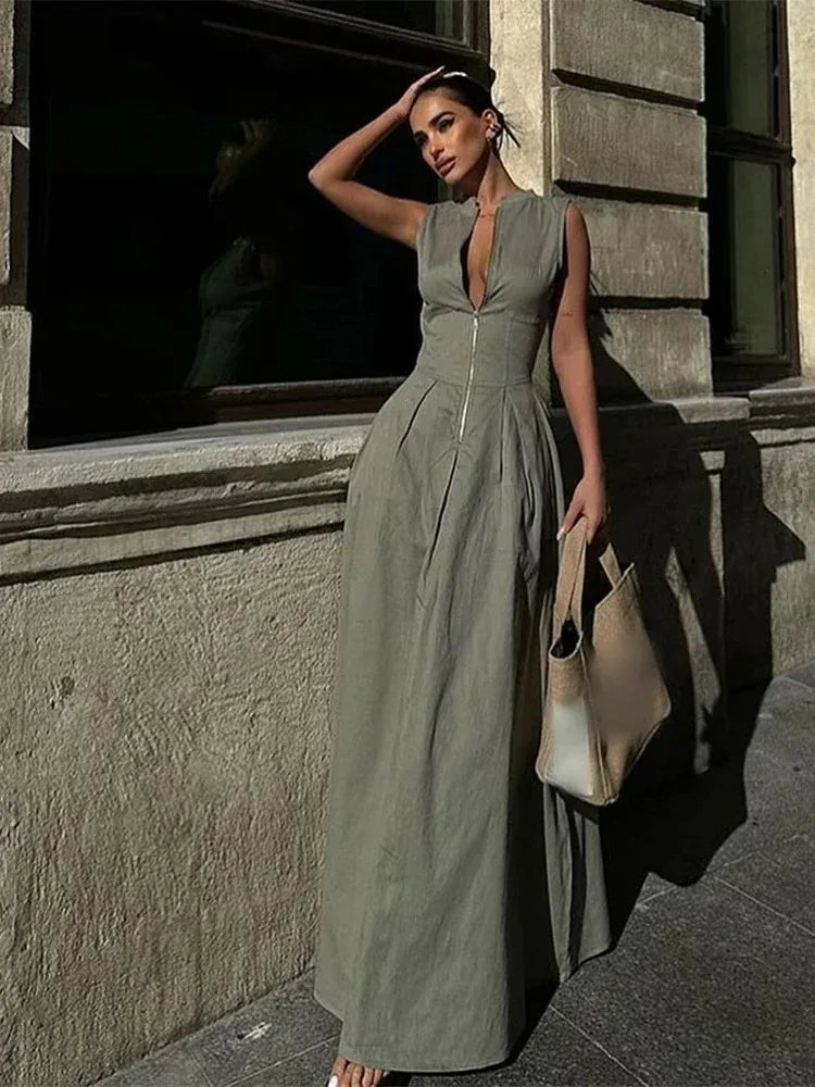 Fashion Sleeveless Spliced Zipper Long Dress Elegant V-neck High Waist Slim Pleated Maxi Dresses Summer Office Lady Street Robes