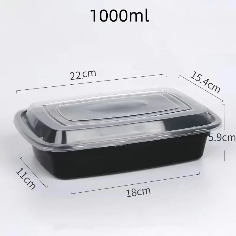 20 PCS/1000ml Thickened Disposable Takeout Lunch Box Tableware Can Be Heated Rectangular Black Plastic Bowl Food Packaging