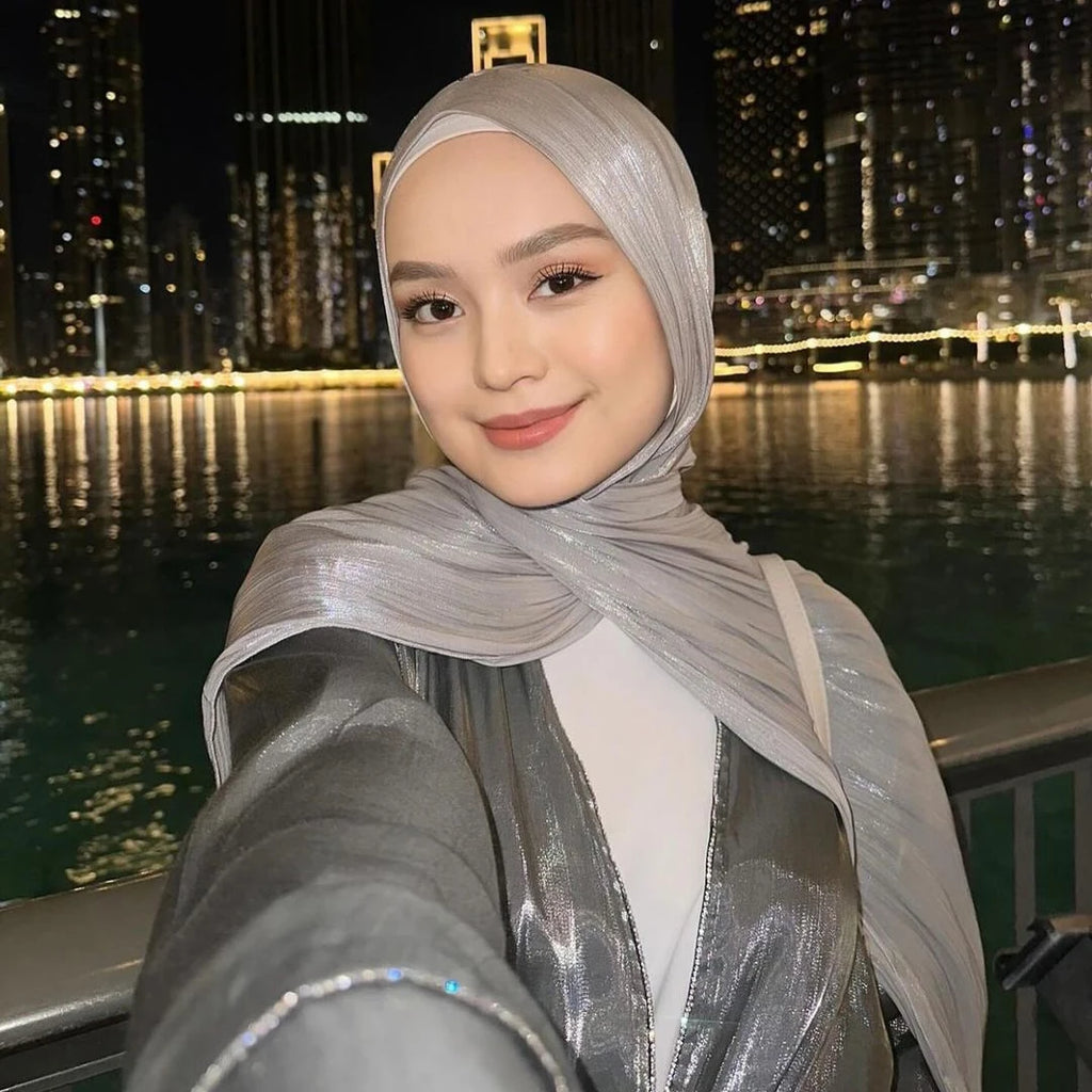 Hotsale Light Weight Plain Shimmery Chiffon Crepe Crinkle Shawl Malaysia Solid Color Glitter Shiny Shimmer Hijab Scarf Women