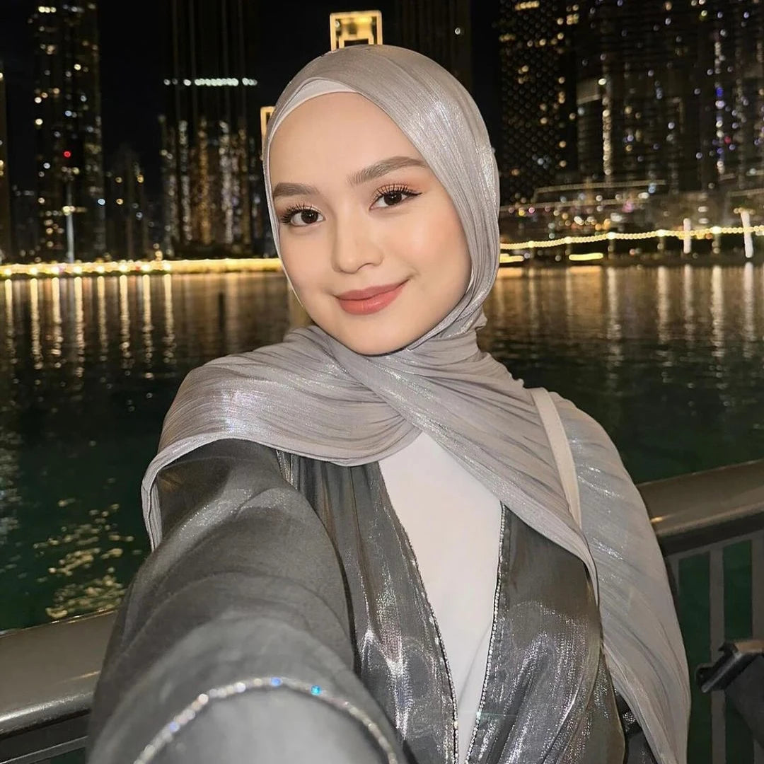 Hotsale Light Weight Plain Shimmery Chiffon Crepe Crinkle Shawl Malaysia Solid Color Glitter Shiny Shimmer Hijab Scarf Women