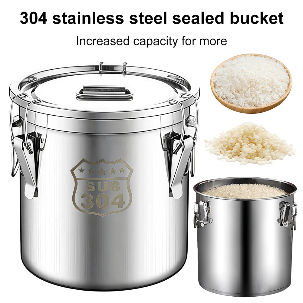 6/12/21/33L 304 Stainless Steel Airtight Canister with Locking Clamp for Rice Grain Oil Sugar Storage Bucket Kitchen Container