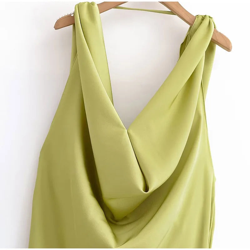 Elegant Pleated Backless Split Long Dress Women Sleeveless High Waist Green 2025 Summer New Holiday Party Dresses Street Robe