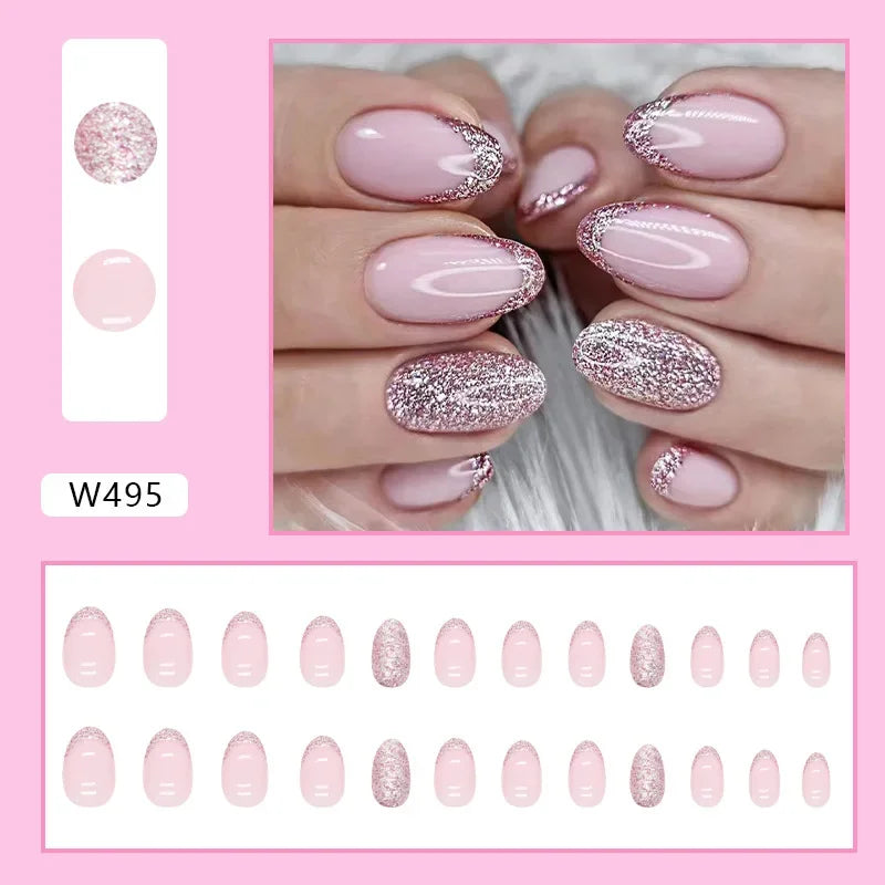 New Short Ballet 24 Pcs Fake Nail with Jelly sticker Press on False Nails Wearable Round Head Oval Full Cover Nail Tips