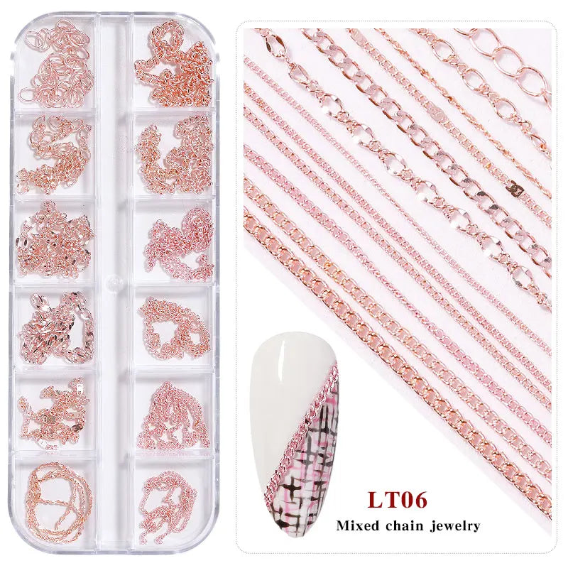 Misscheering 12 Grid Mixed Style Nail Chain Jewelry For DIY Art Decoration Fashion Metal Nails Accessories For Manicure Design