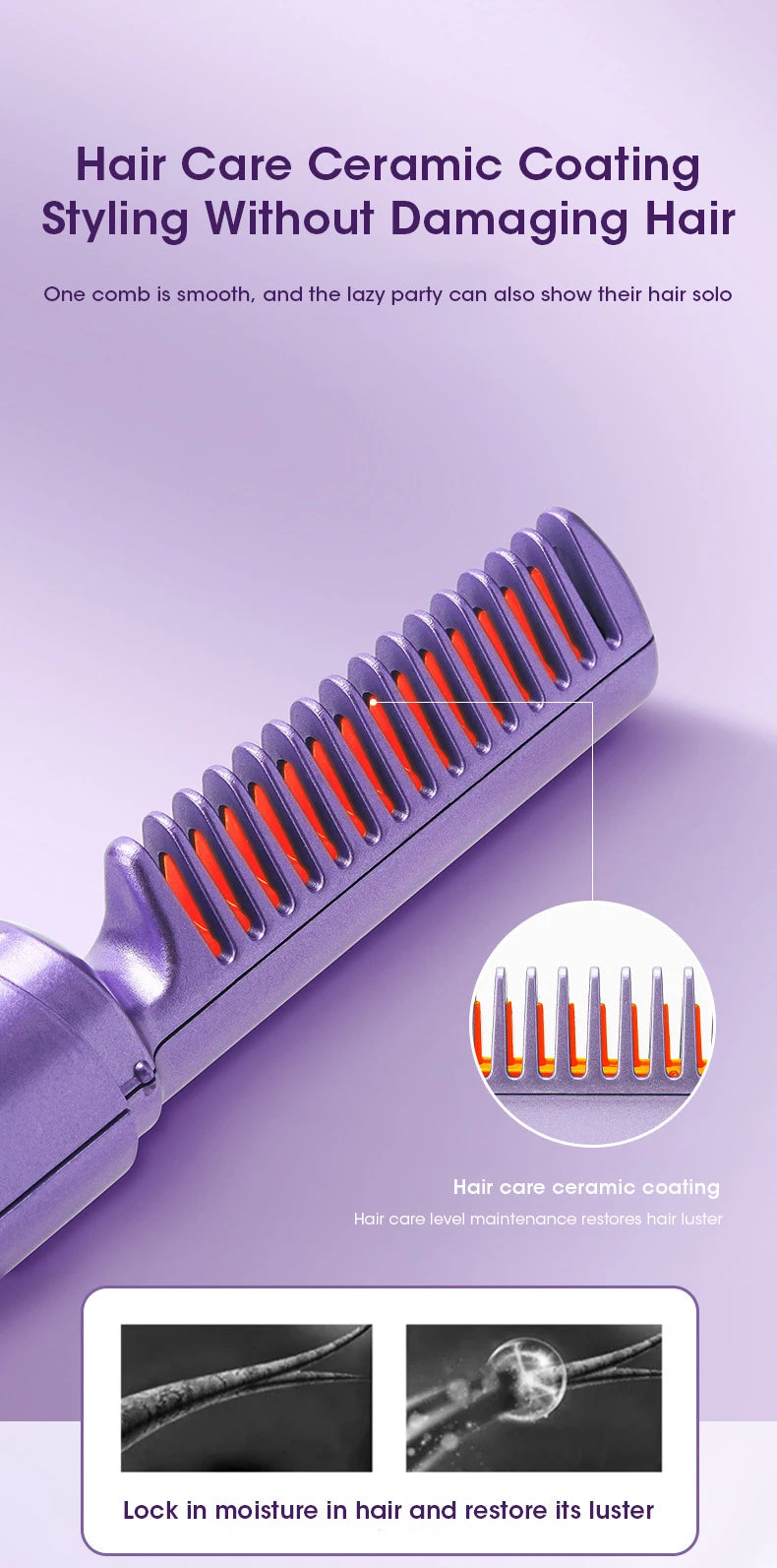 Wireless Hair Straightener and Curler Comb for Women USB Rechargeable Anti-Scald Portable Hair Brush for Home and Travel
