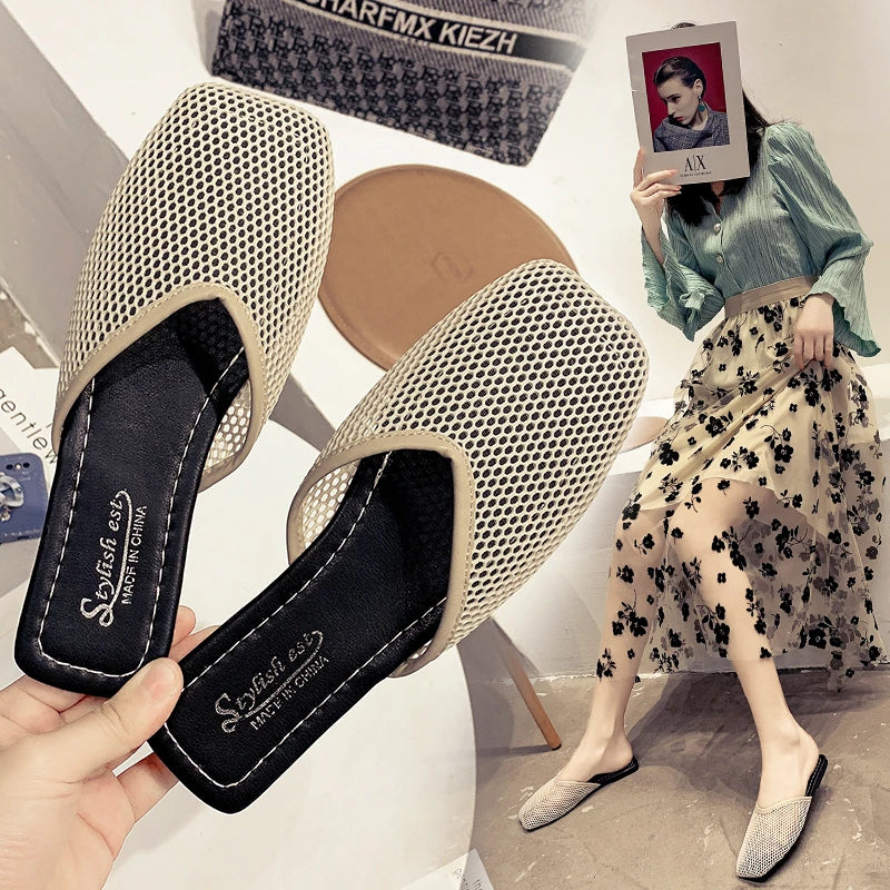 Summer Women Slippers Sexy Mesh Mules Indoor Home Slides Square Toe Female Flats Shoes Outdoor Clogs Beach Sandals Flip Flops 43