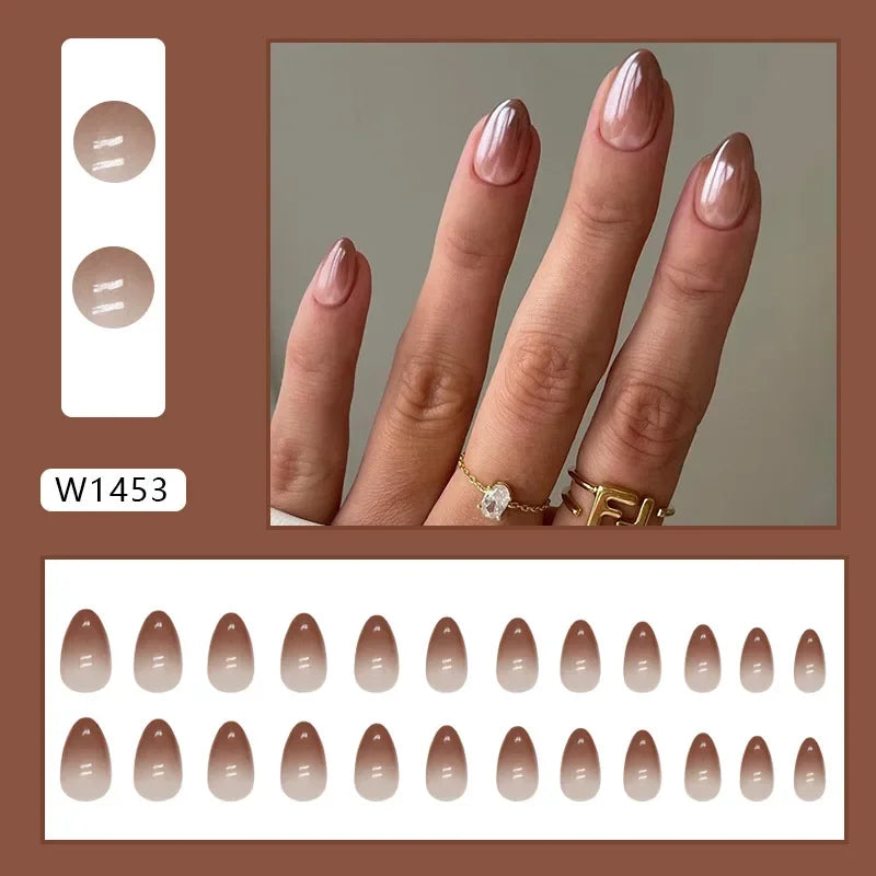 New Short Ballet 24 Pcs Fake Nail with Jelly sticker Press on False Nails Wearable Round Head Oval Full Cover Nail Tips