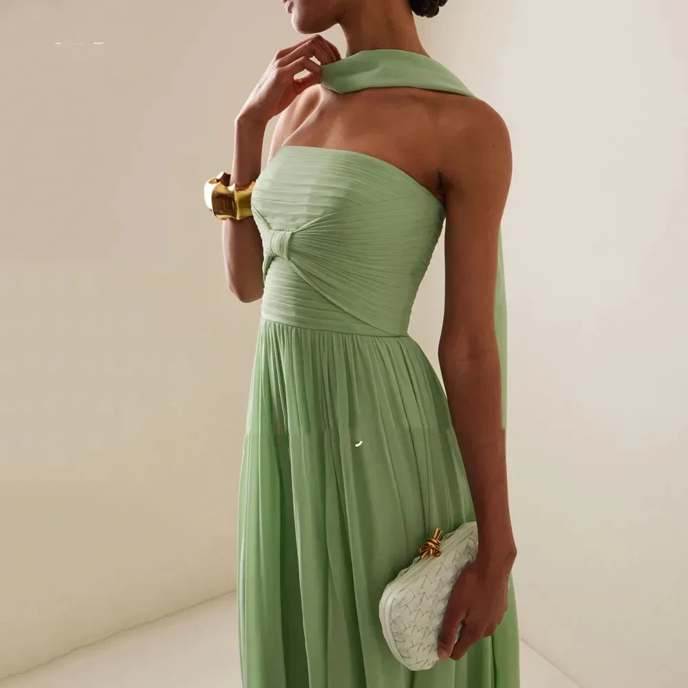 Summer Elegant Off Shoulder Lady Chic Evening Gown Sexy Green Chiffon Waist Party Long Dress Women Hollow Backless Dresses 2025