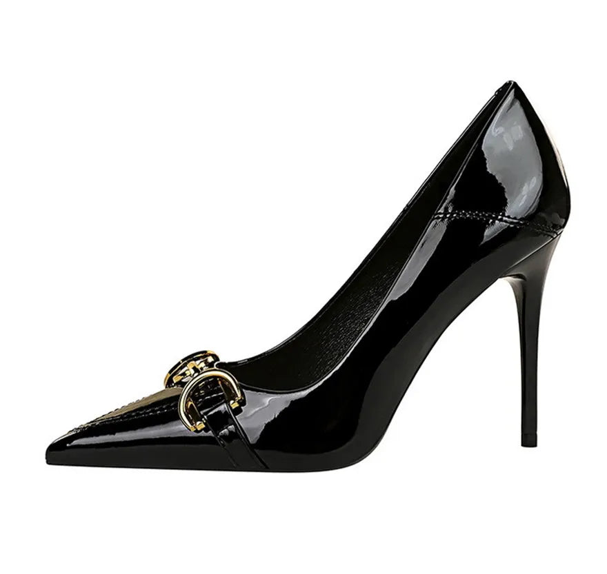 Red White Metal Buckle Wedding Shoes Women 2026 New Patent Leather Shallow High Heels Pumps Fashion Pointy Toe Party Shoes Woman