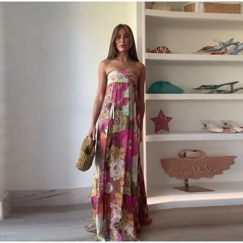 Printed Pleated Vacation Summer Long Dress Women Patchwork Sleeveless Backless Sexy Party Loose Zipper Robe Street Floor Dresses