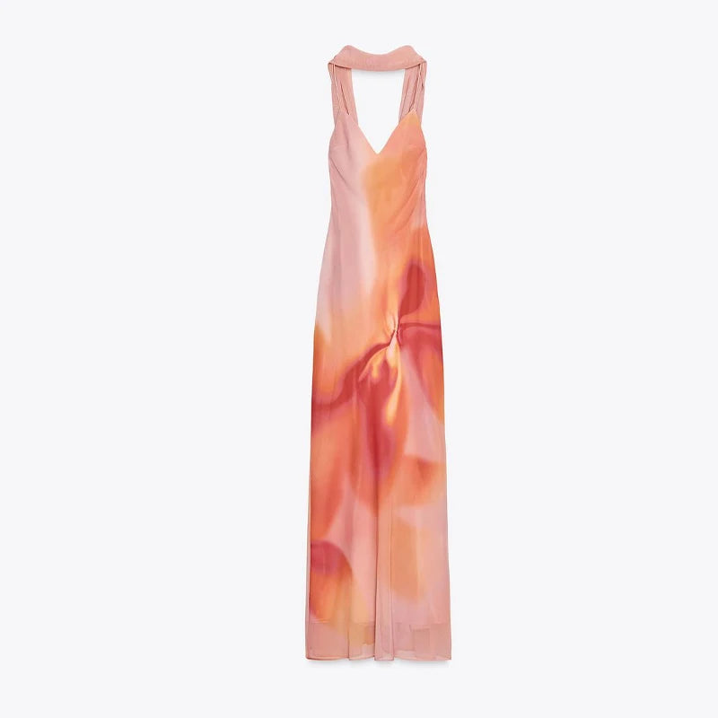 Elegant Tie Dye Printed Long Dress Women Ribbon V-neck Sleeveless Slim Sling Dresses 2025 Summer Lady Chic Beach Vacation Robes
