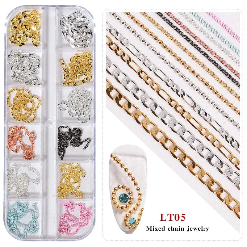 Misscheering 12 Grid Mixed Style Nail Chain Jewelry For DIY Art Decoration Fashion Metal Nails Accessories For Manicure Design