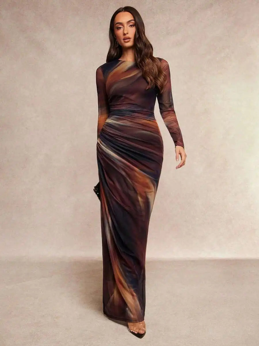 Womens Brown Tie-Dye Mesh Long Sleeve Ruched Waist Dress