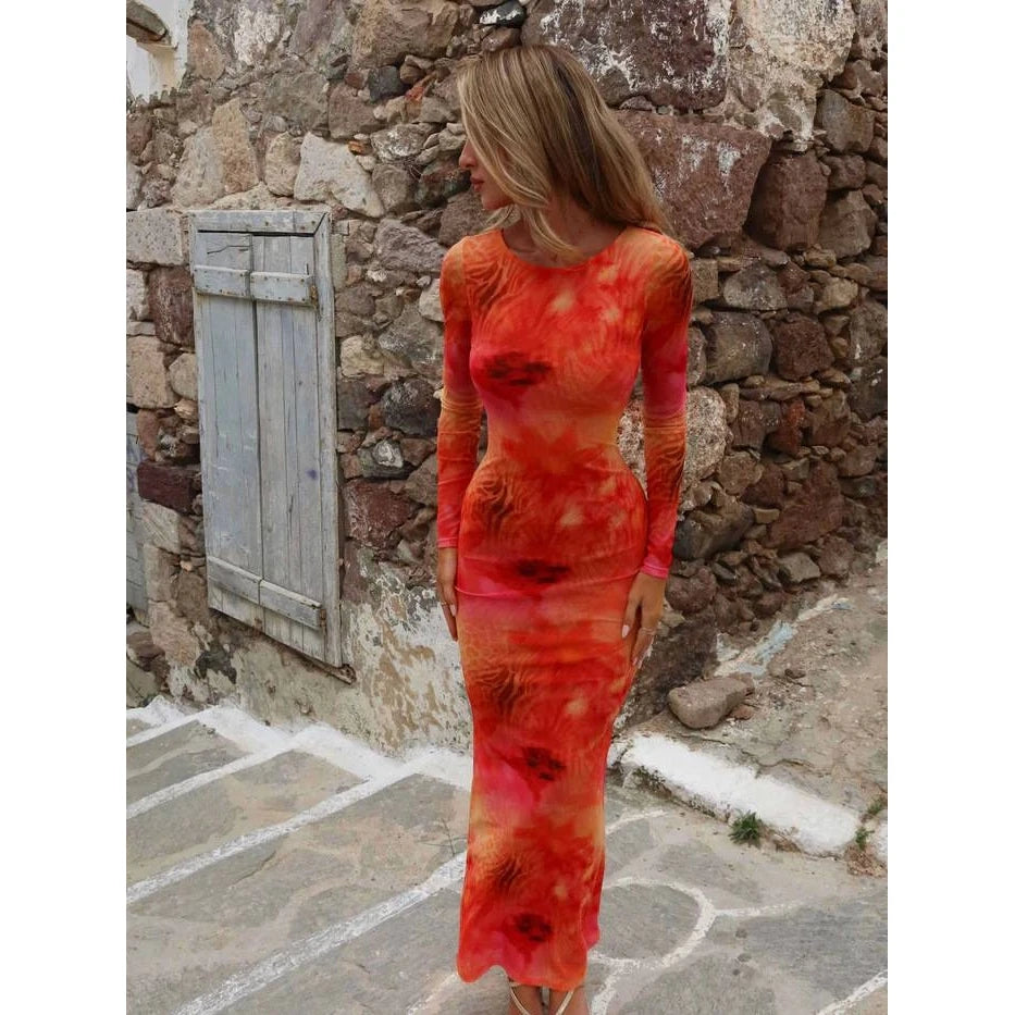 Sexy Slim Fit Long Sleeve Backless Tulle Dress High Waist Bodycon Gown Casual round Neckline Full Length Women's Fashion Dress