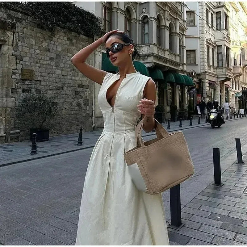 Fashion Sleeveless Spliced Zipper Long Dress Elegant V-neck High Waist Slim Pleated Maxi Dresses Summer Office Lady Street Robes