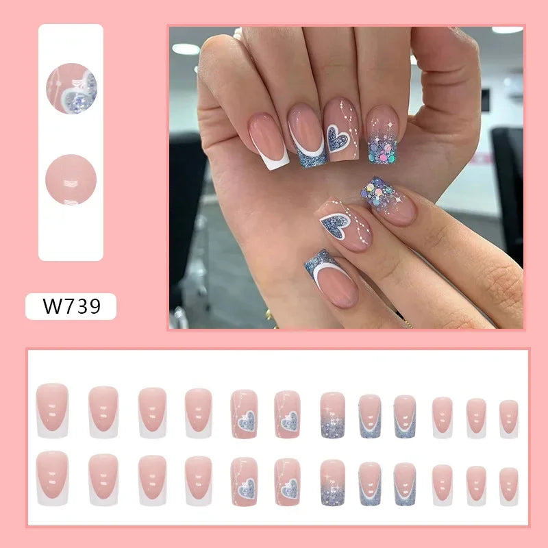 New Short Ballet 24 Pcs Fake Nail with Jelly sticker Press on False Nails Wearable Round Head Oval Full Cover Nail Tips